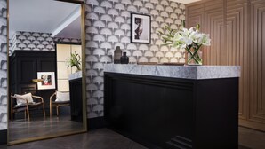A modern kitchen with a marble countertop, a large mirror, and a patterned wallpaper. - Redford Hotel (New York)