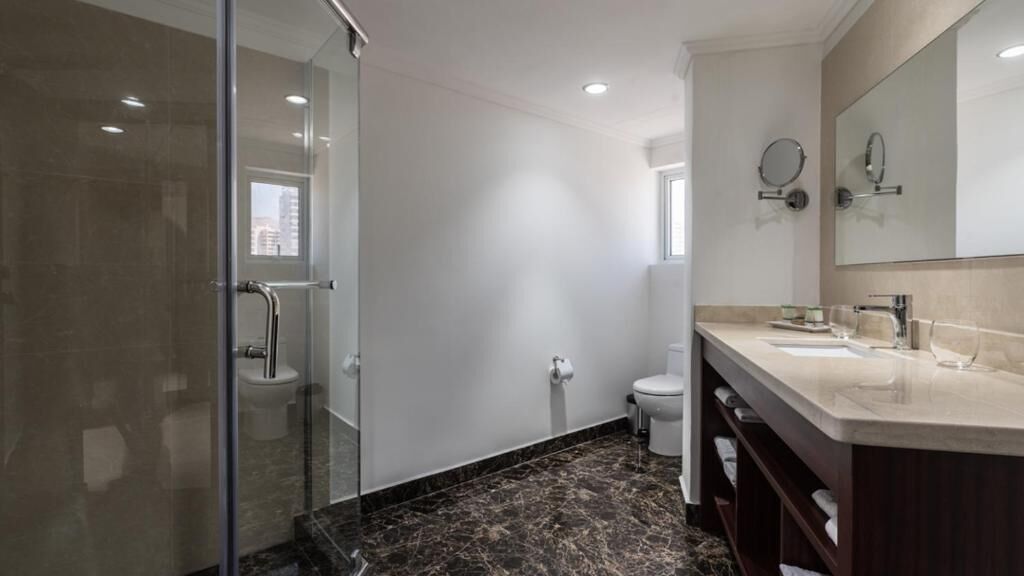 suite, 1 king bed | bathroom | shower, hair dryer, towels, toilet paper