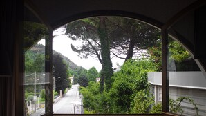 A view through a window with a curved frame, looking out onto a street lined with trees and a building. - Hotel Alpino (Cuasso Al Monte)