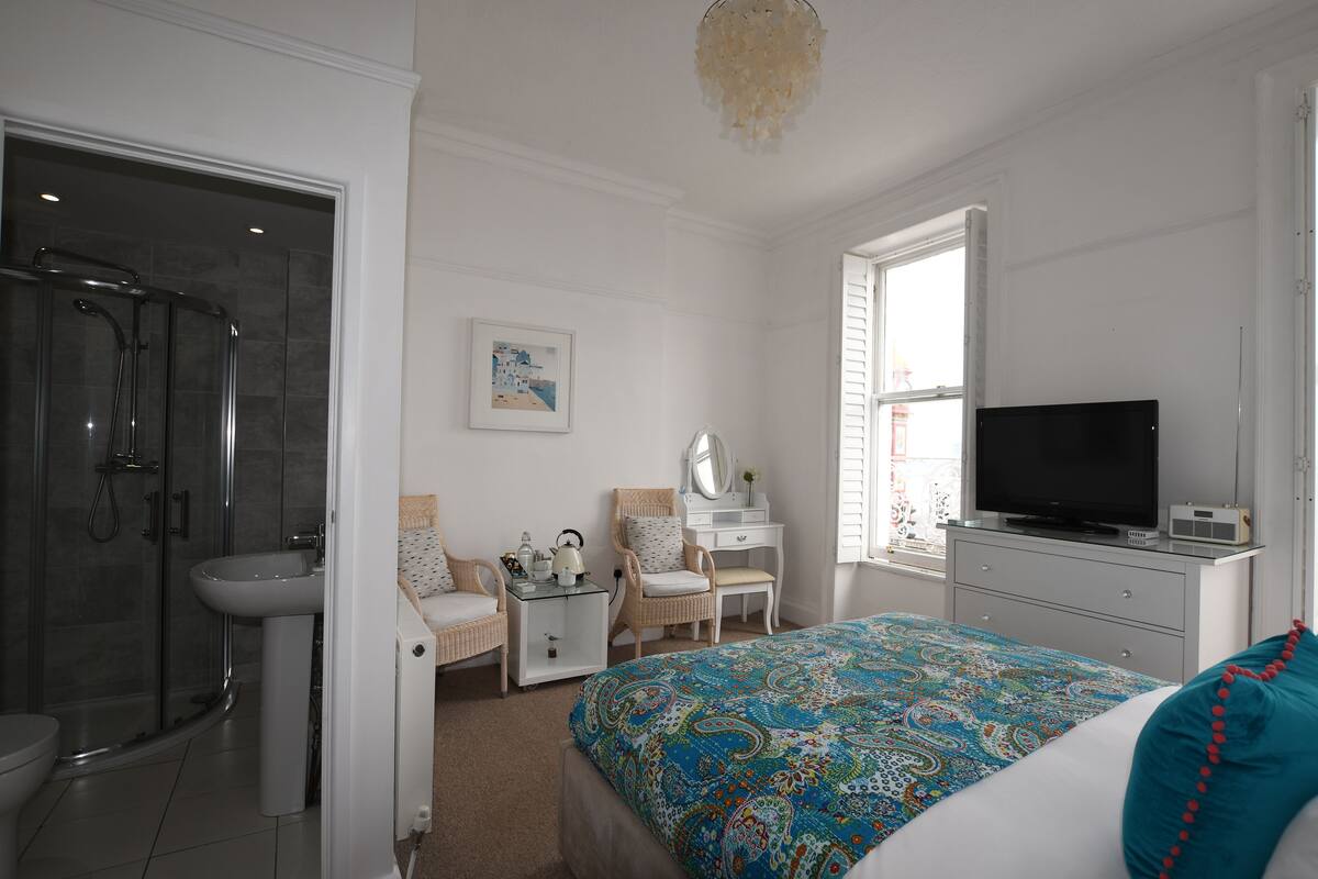 A bedroom with a bed, a TV, a dresser, a chair, a desk, a mirror, and a shower.