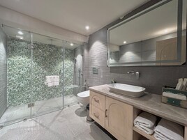 A modern bathroom with a glass-enclosed shower, a sink, and a toilet.