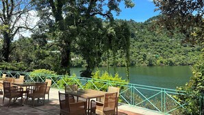 Espaço ao ar livre com mobiliário de vime, vista para um lago, cercado por árvores e um guarda-corpo verde.