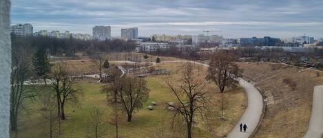 Un parque con senderos, árboles y edificios distantes bajo un cielo nublado.