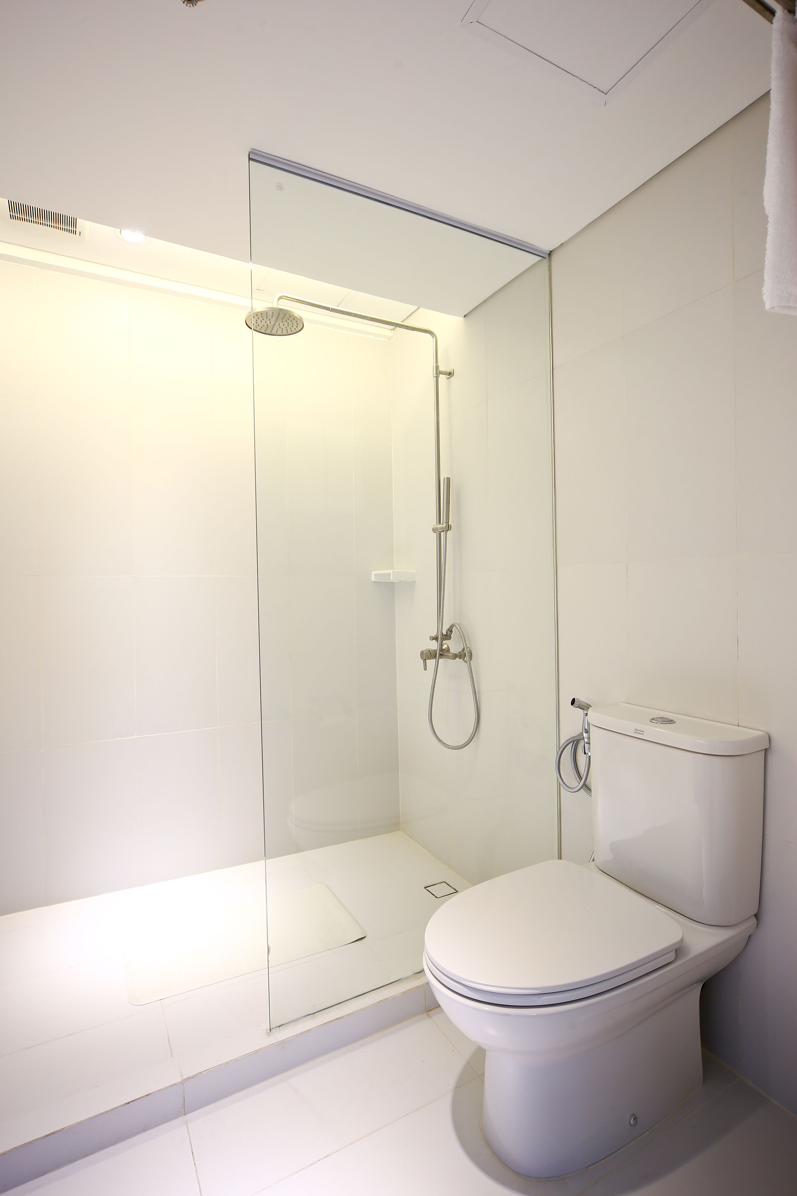 Une salle de bain moderne avec une douche à parois de verre, des toilettes blanches et un porte-serviettes apparent.