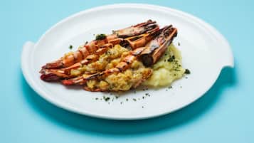 En tallerken med grillet hummerhale og mos kartofler mod en blå baggrund.