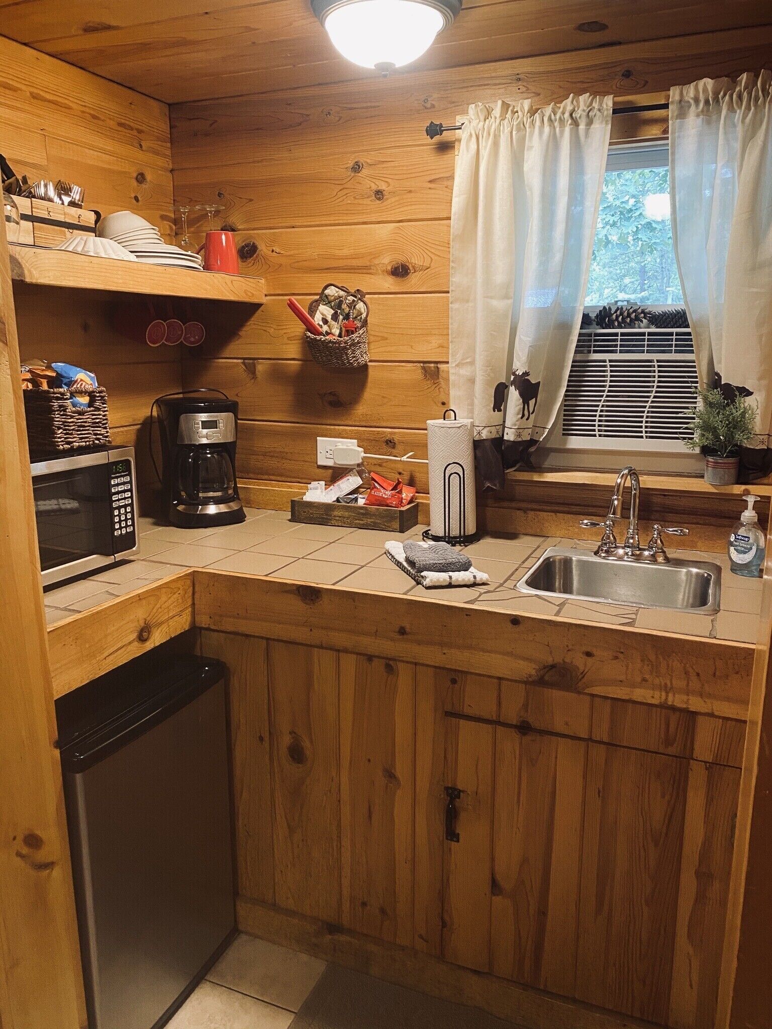 Fridge, microwave, coffee/tea maker, electric kettle