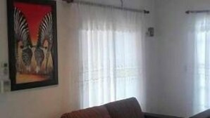 Een woonkamer met een donkerbank, een plafondventilator en een airconditioning.