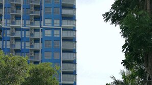 Un sendero bordeado de vegetación exuberante y un edificio alto con fachada azul y blanca.