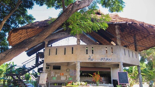 A building with a unique architectural design featuring a large tree overhang, a staircase, and a table with flowers. - Naidee Sculptured Huts (Hua Hin)