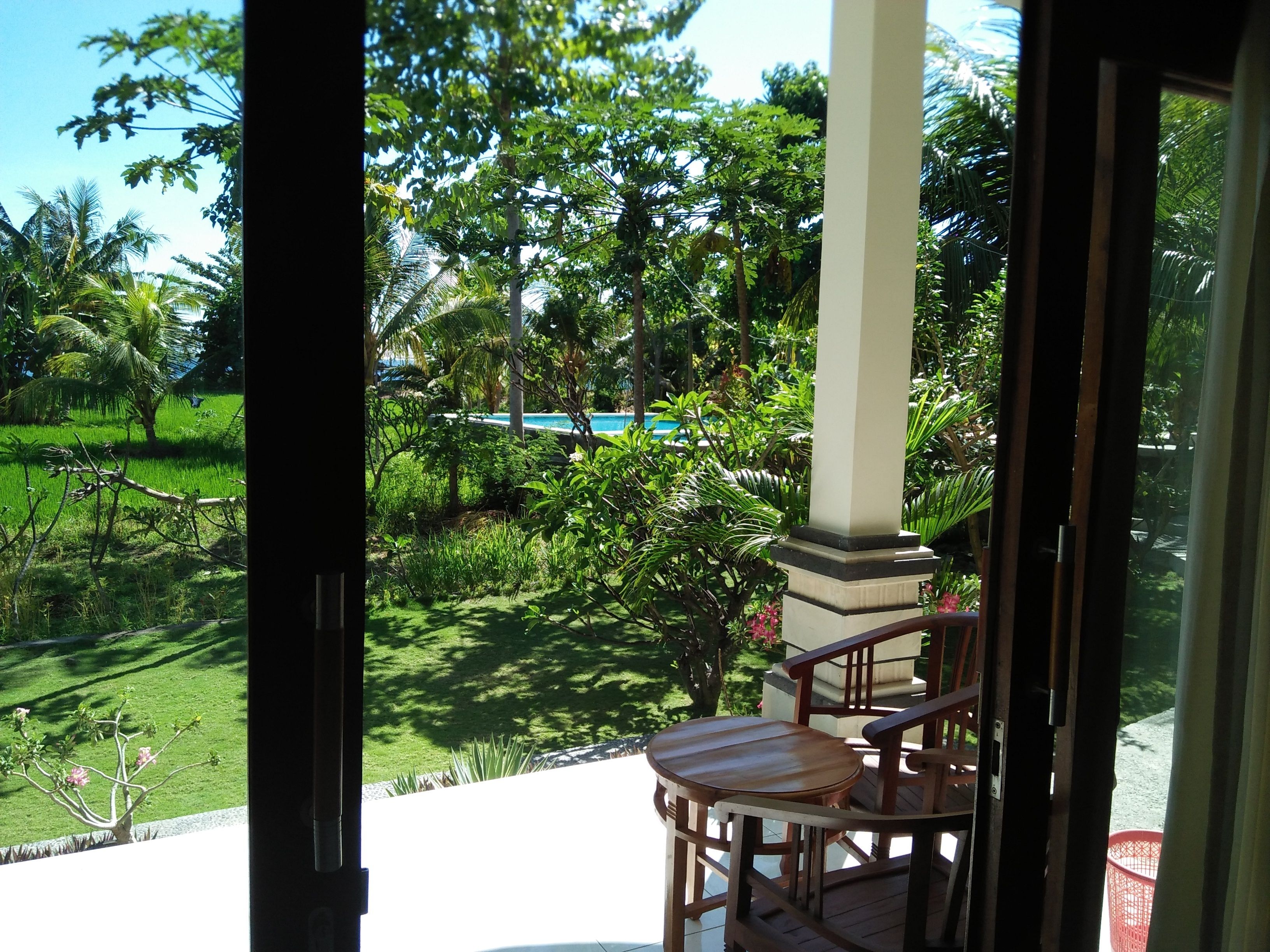 A wooden deck with chairs, a view of a pool, and lush greenery.