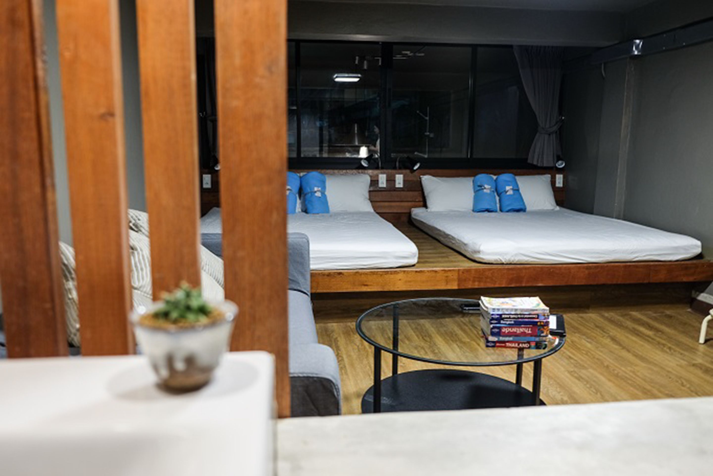 A modern hotel room with two beds, a small table with books, and a potted plant.