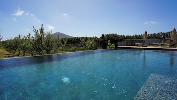 Indendørs pool, udendørs pool, parasoller, liggestole