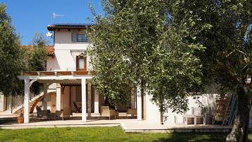 Una casa con un porche cubierto, césped y un árbol grande.