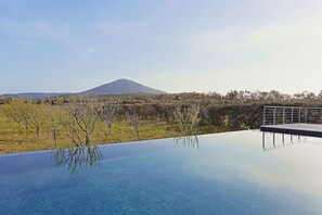A clear pool with a view of a mountain and trees.