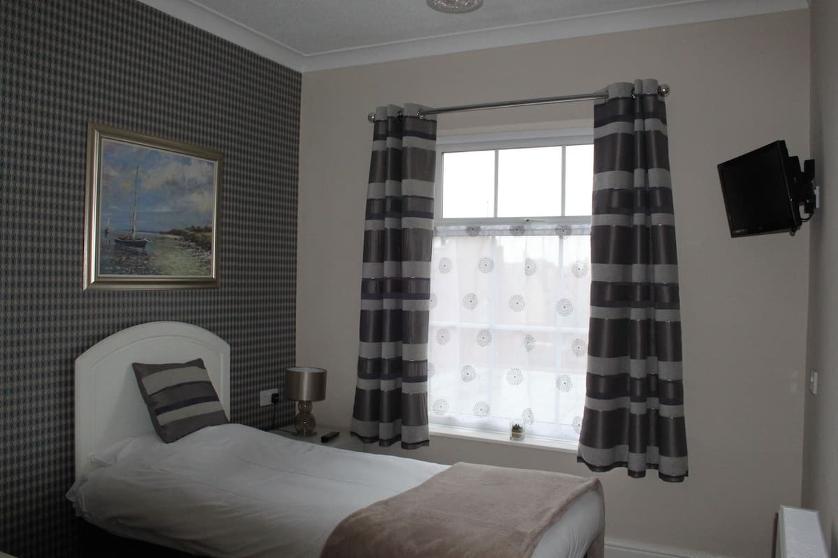 Een slaapkamer met een bed, een schilderij, gordijnen, een raam en een televisie.