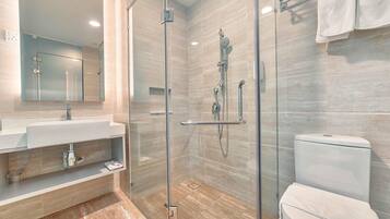 Shower, free toiletries, hair dryer, towels