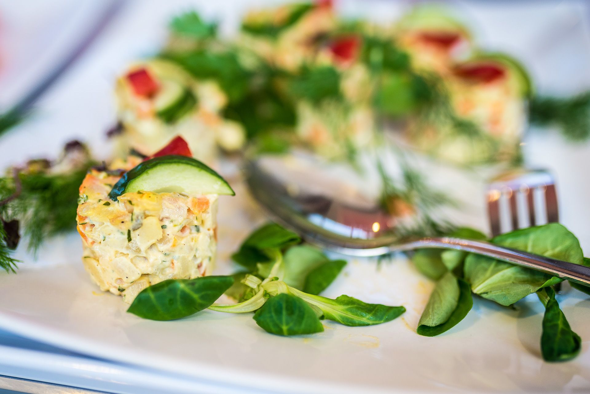 A plate with a food item topped with a slice of cucumber, surrounded by green leaves and a fork.