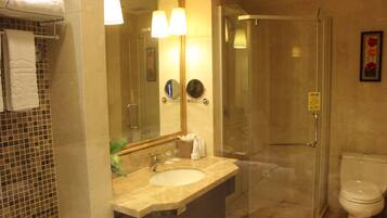 Shower, free toiletries, hair dryer, slippers