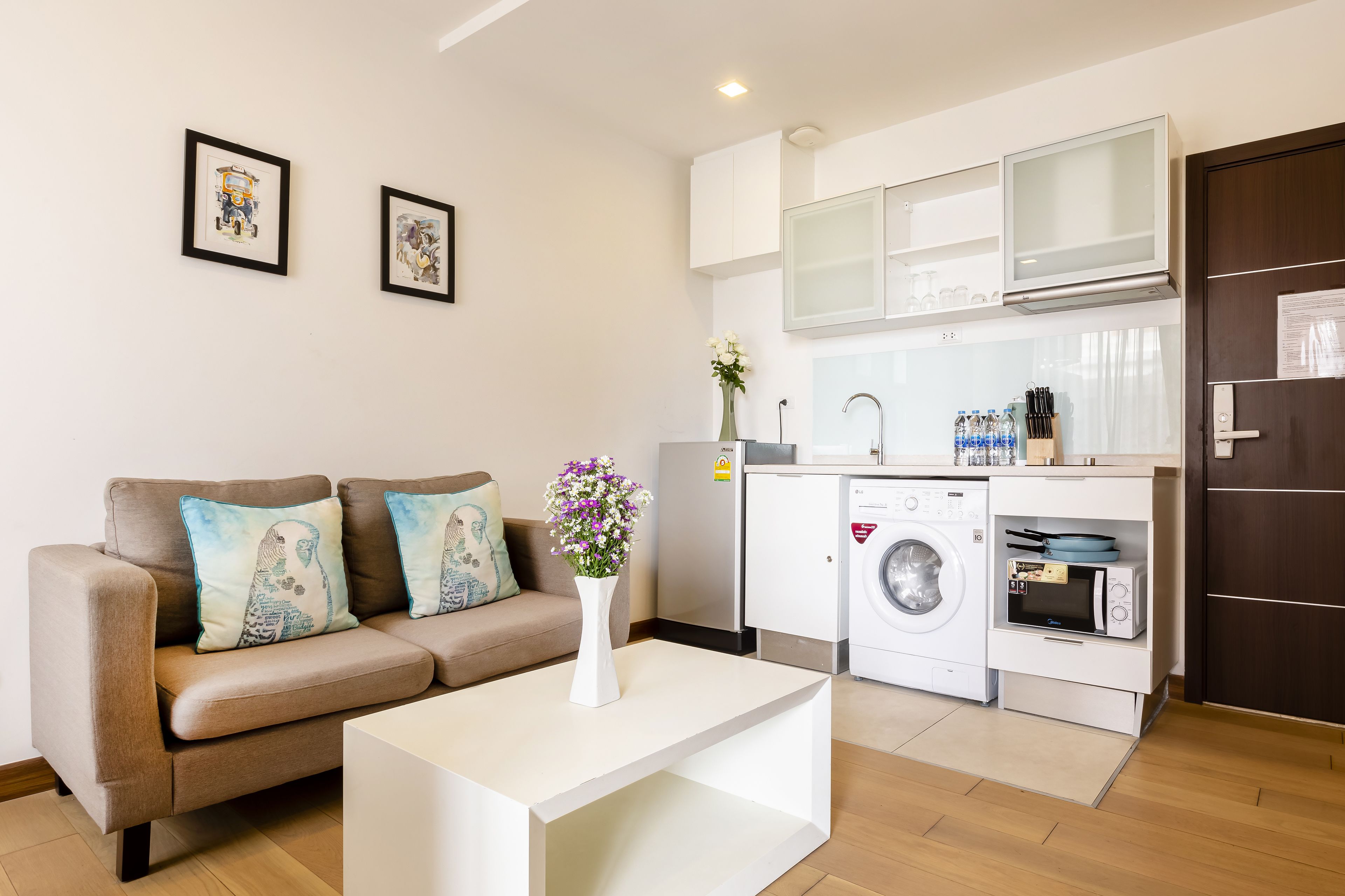 A compact living space with a sofa, a coffee table, a kitchen area including a washing machine, and a microwave.