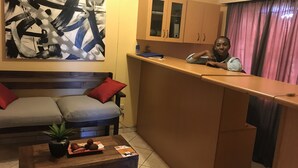 A modern living room with a sofa, a coffee table with a plant and fruit, a painting on the wall, and a kitchen area with cabinets and a counter. - Essence of Africa Guesthouse (Windhoek)