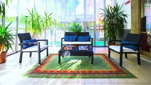 Una habitación soleada con un sofá, dos sillones y una mesita de centro, rodeada de grandes ventanales y plantas en macetas.