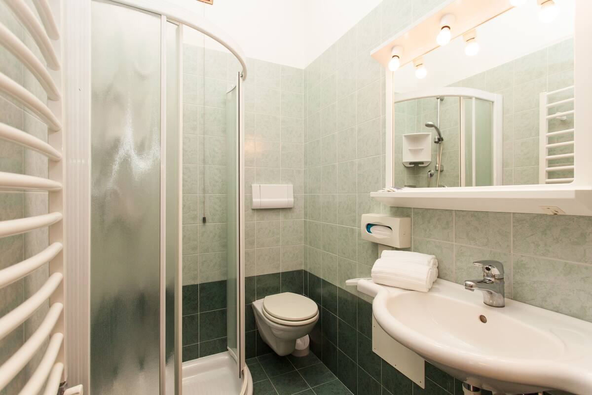 A bathroom with a glass shower enclosure, a toilet, a sink, and a mirror.