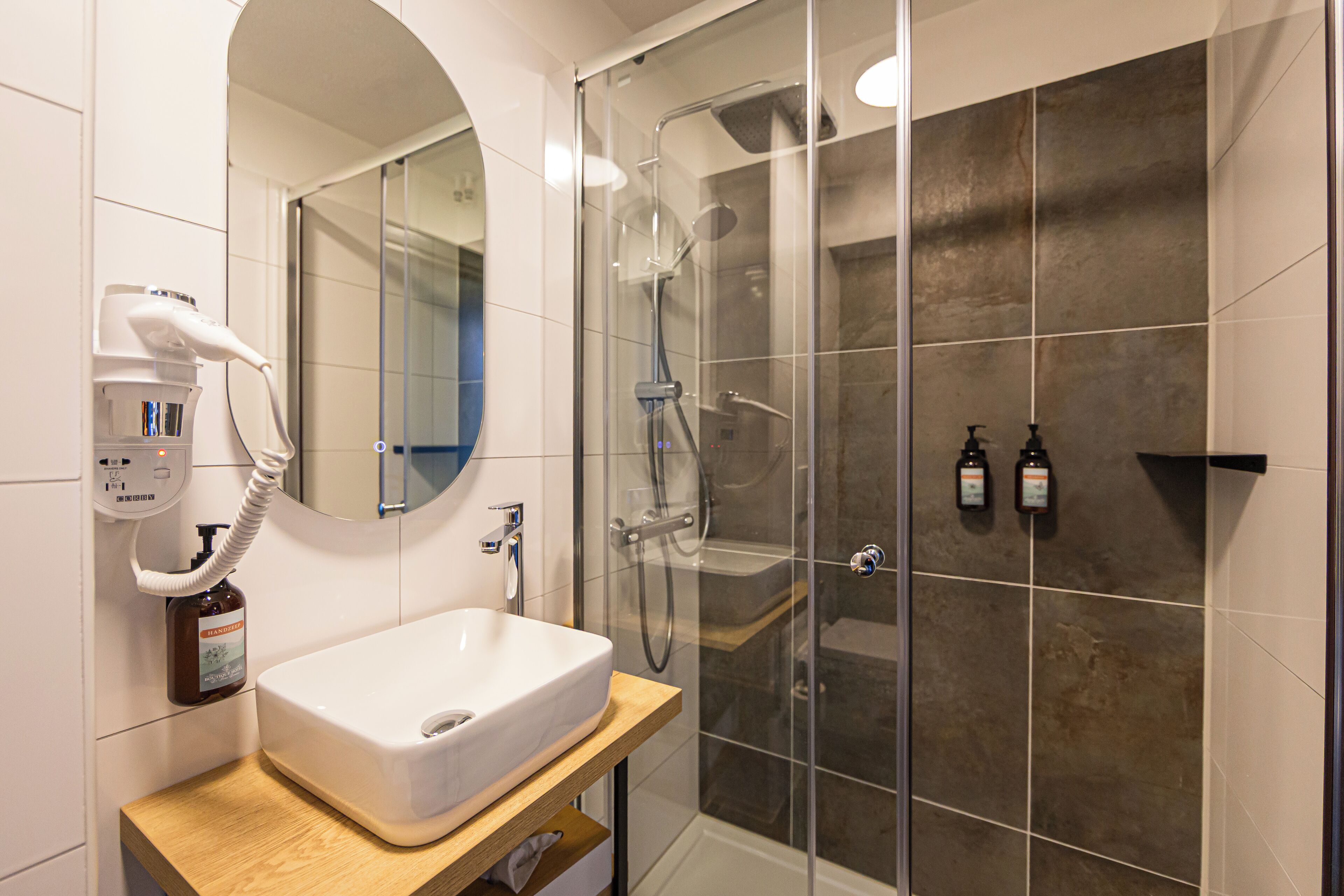 A bathroom with a white sink, a glass shower enclosure, and two bottles of shampoo on the wall.