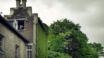 Een historisch gebouw met een bakstenen gevel, een raam waarachter een persoon zichtbaar is, en een grote boom op de achtergrond.