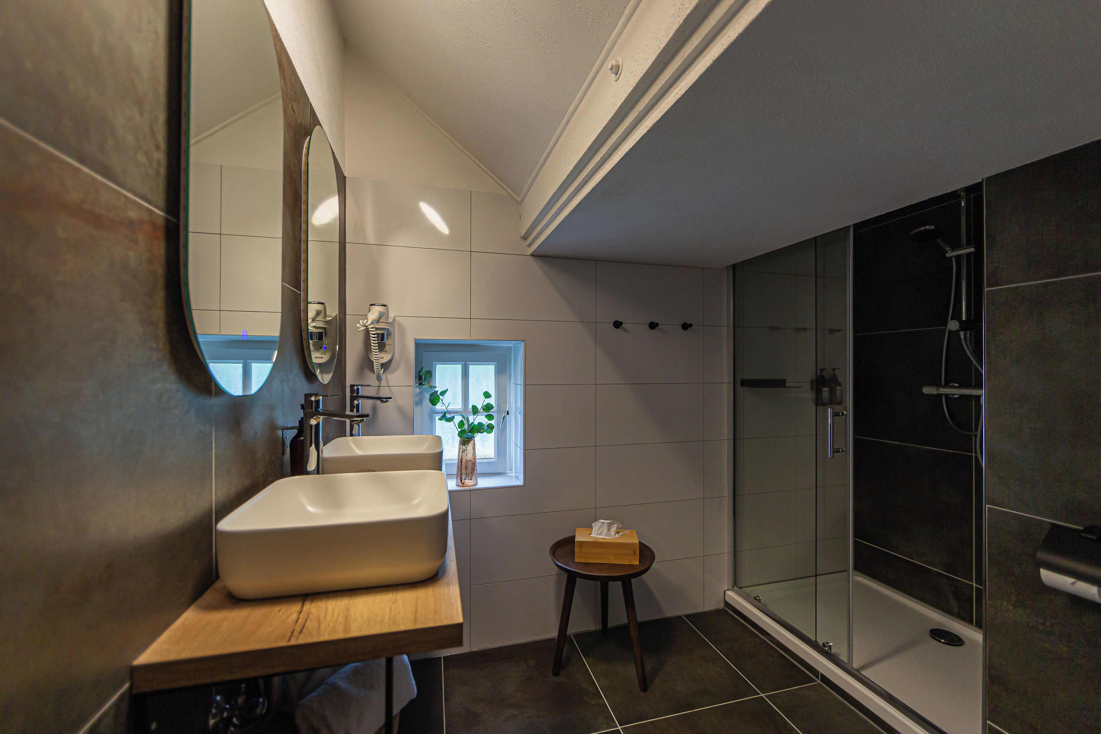 Une salle de bain moderne avec un grand miroir, un lavabo, une petite table sur laquelle se trouve une boîte de mouchoirs, et un espace douche.