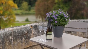 A table with two wine glasses and a bottle of Brut 2021 wine, a potted plant with purple flowers, and a bench. - Buitenplaats Kasteel Elsloo (Elsloo)