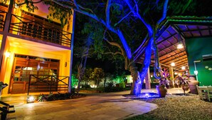 Área externa bem iluminada, com um caminho que leva a um edifício com porta de madeira e varanda.