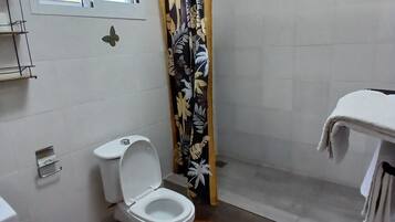 A bathroom with a toilet, shower, and a window.