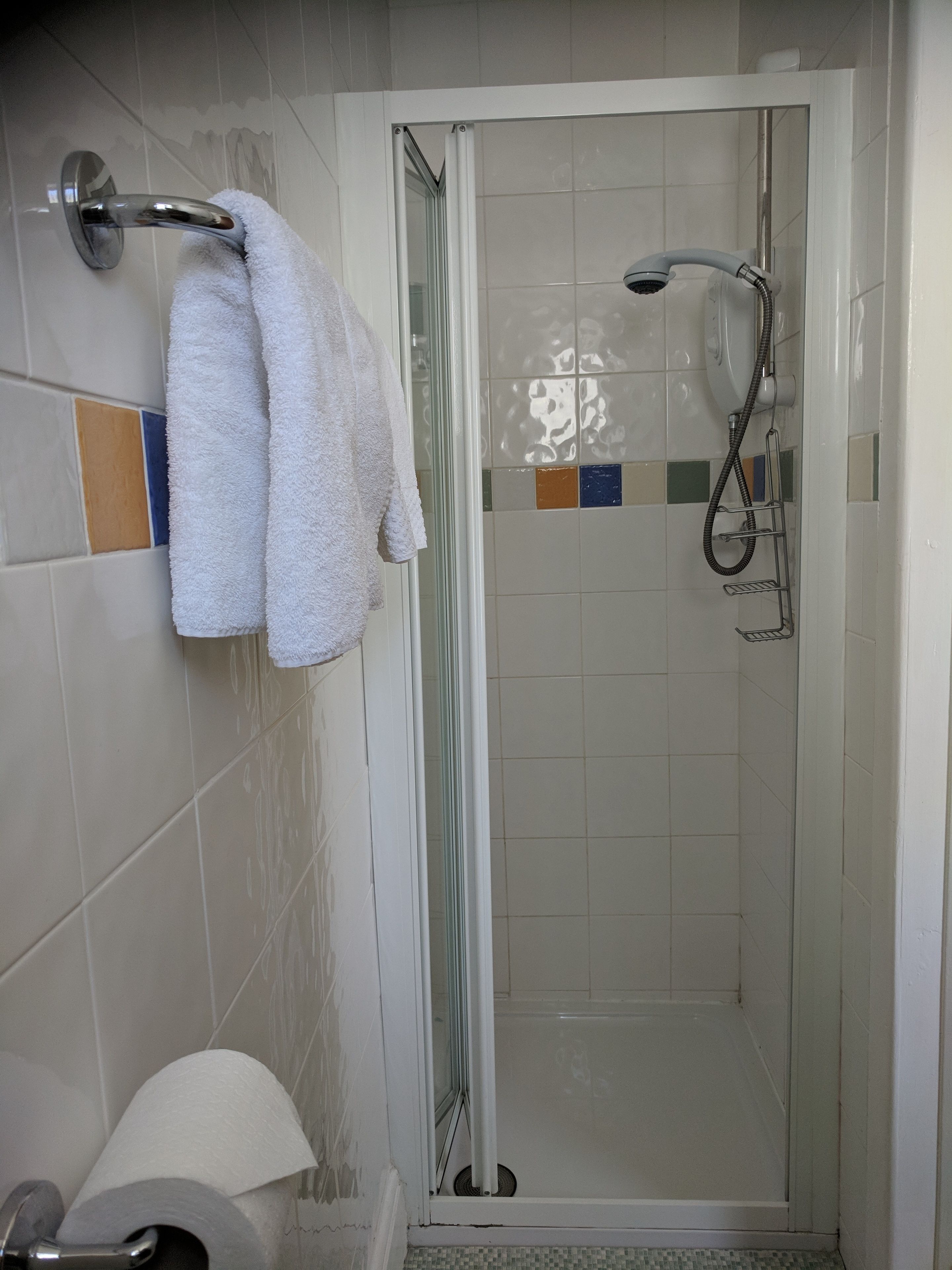 Un baño con ducha de vidrio, inodoro y toallero con dos toallas.