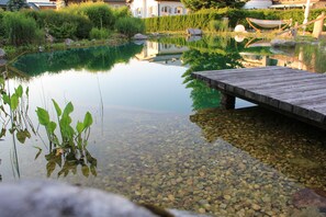 A wooden dock extending into a clear pond surrounded by rocks and greenery. - Hotel Goldener Stern (Abtenau)