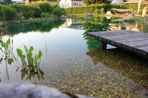 Una piscina al aire libre de temporada, una piscina natural, sombrillas