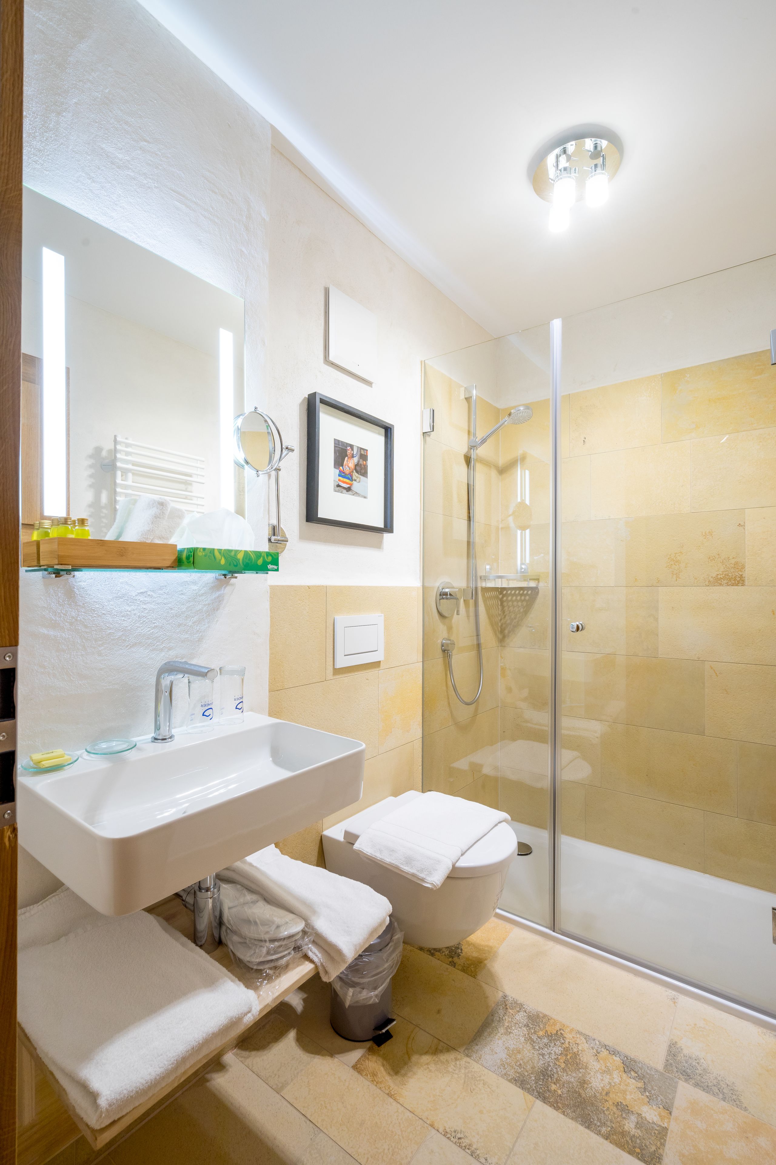 standard double room | bathroom | shower, hair dryer, towels, soap