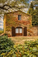 Una casa de piedra con puerta y ventana de madera, rodeada de follaje y un camino de piedra.