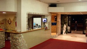 A lobby with a stone reception desk, a television mounted on the wall, and a statue on the floor. - Hotel Palace (Cesenatico)