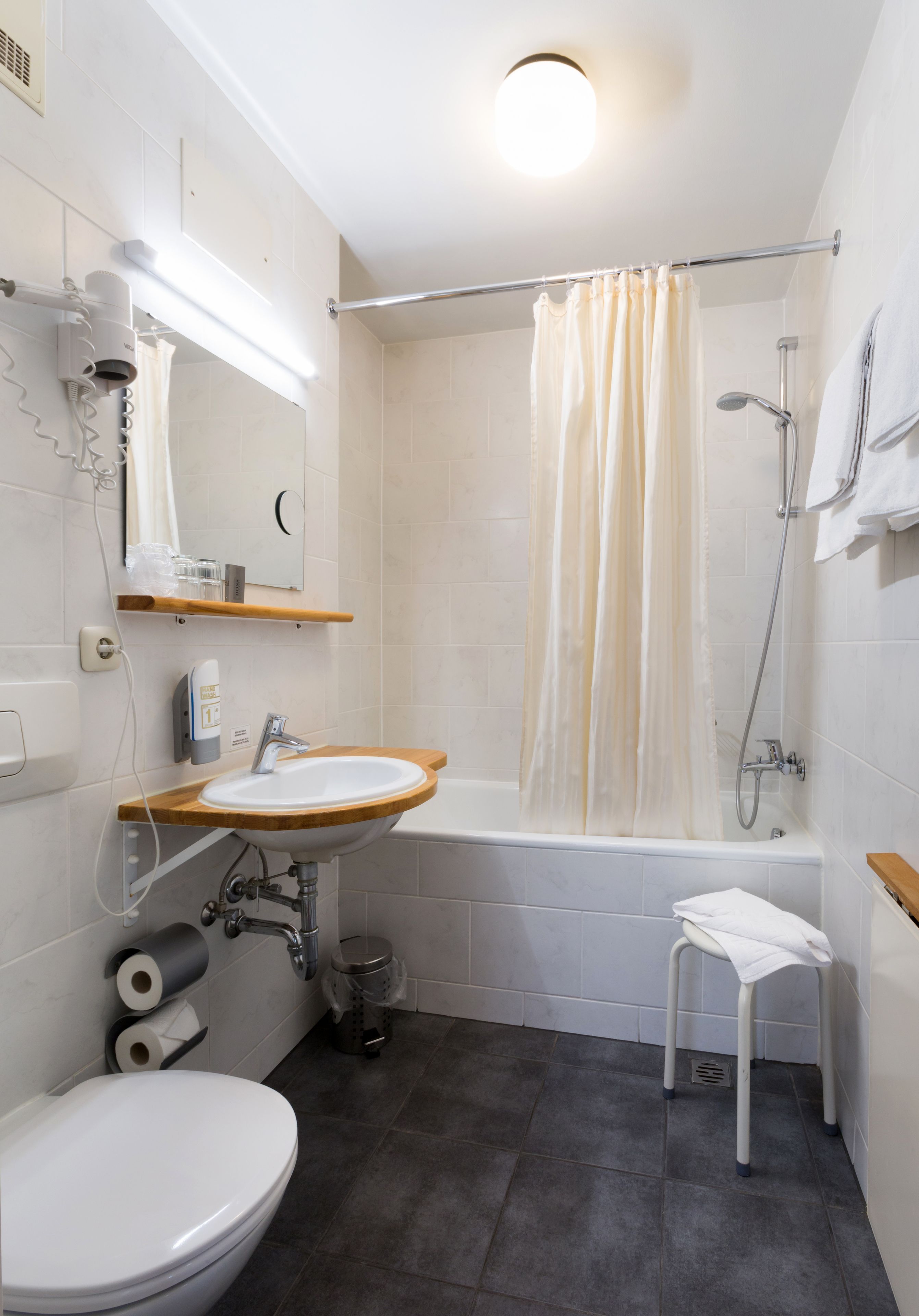 free toiletries, hair dryer, towels