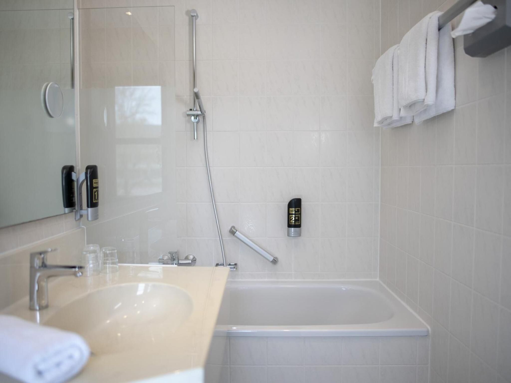 free toiletries, hair dryer, towels