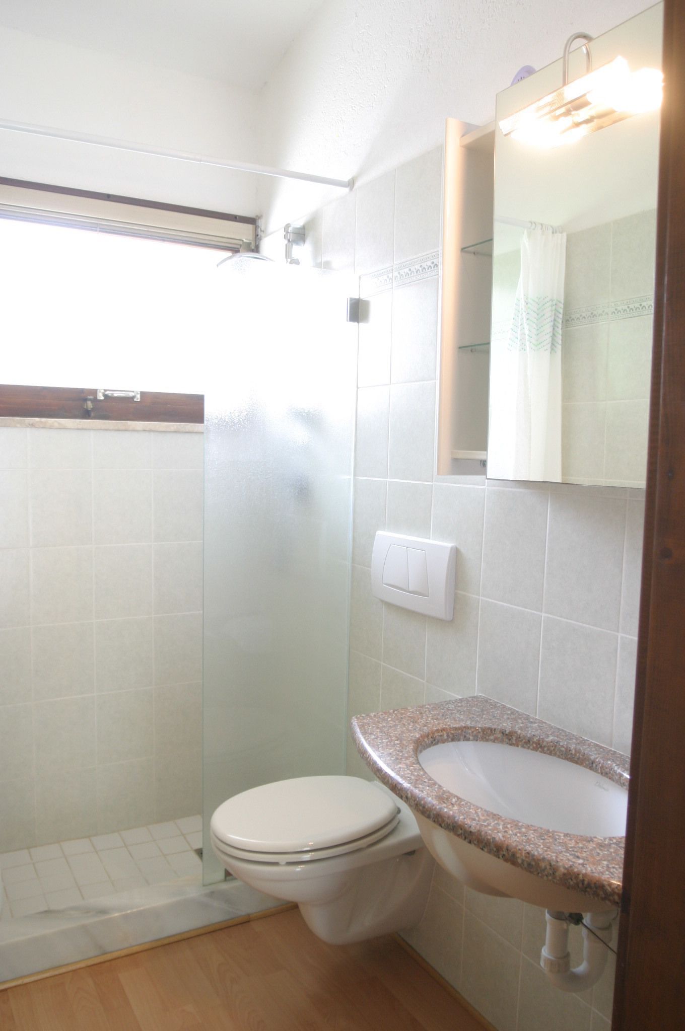 A bathroom with a toilet, a sink, and a shower.