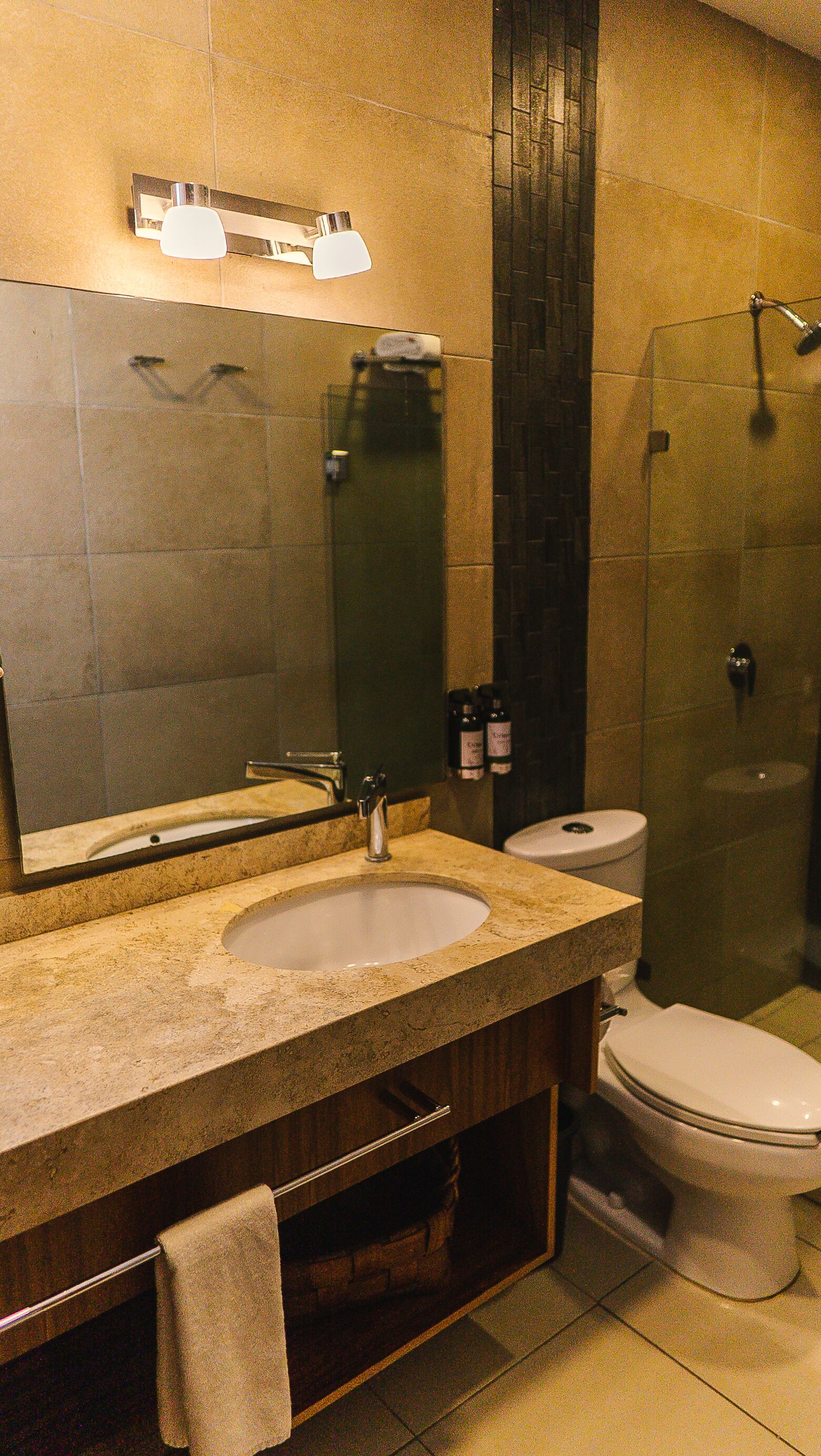 A bathroom with a sink, mirror, toilet, and shower.