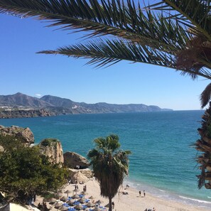 A beach with palm trees, a clear blue sky, and a view of distant mountains.