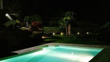 A swimming pool at night with surrounding landscaping and a staircase.