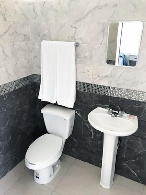 A bathroom with a toilet, sink, and mirror.