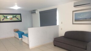 Una sala de estar con un sofá gris, un sofá azul y un separador blanco. Hay dos cuadros en las paredes y una unidad de aire acondicionado sobre la ventana.