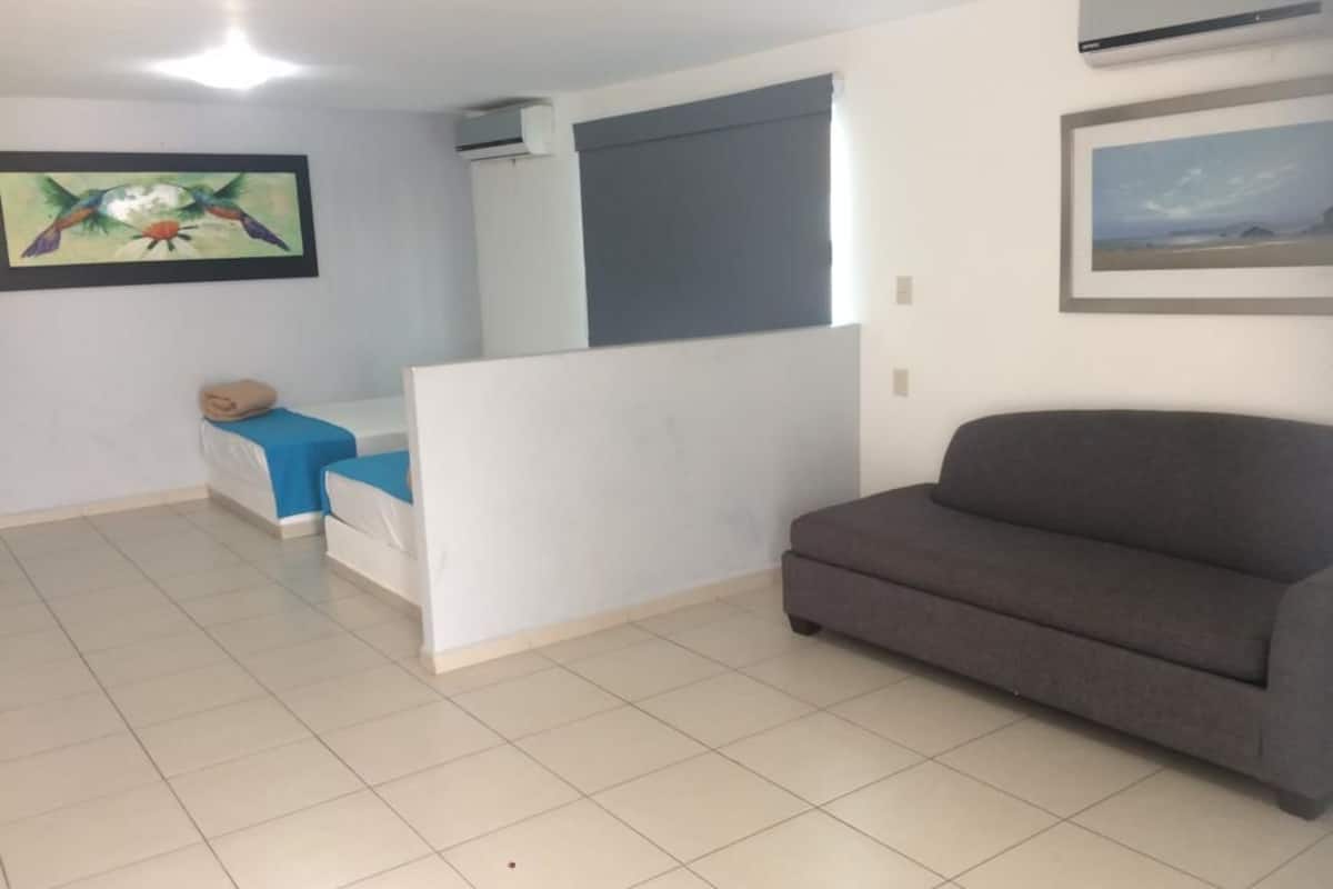 A living room with a grey sofa, a blue sofa, and a white partition. There are two paintings on the walls and an air conditioning unit above the window.