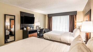 Desk, laptop workspace, blackout curtains, iron/ironing board