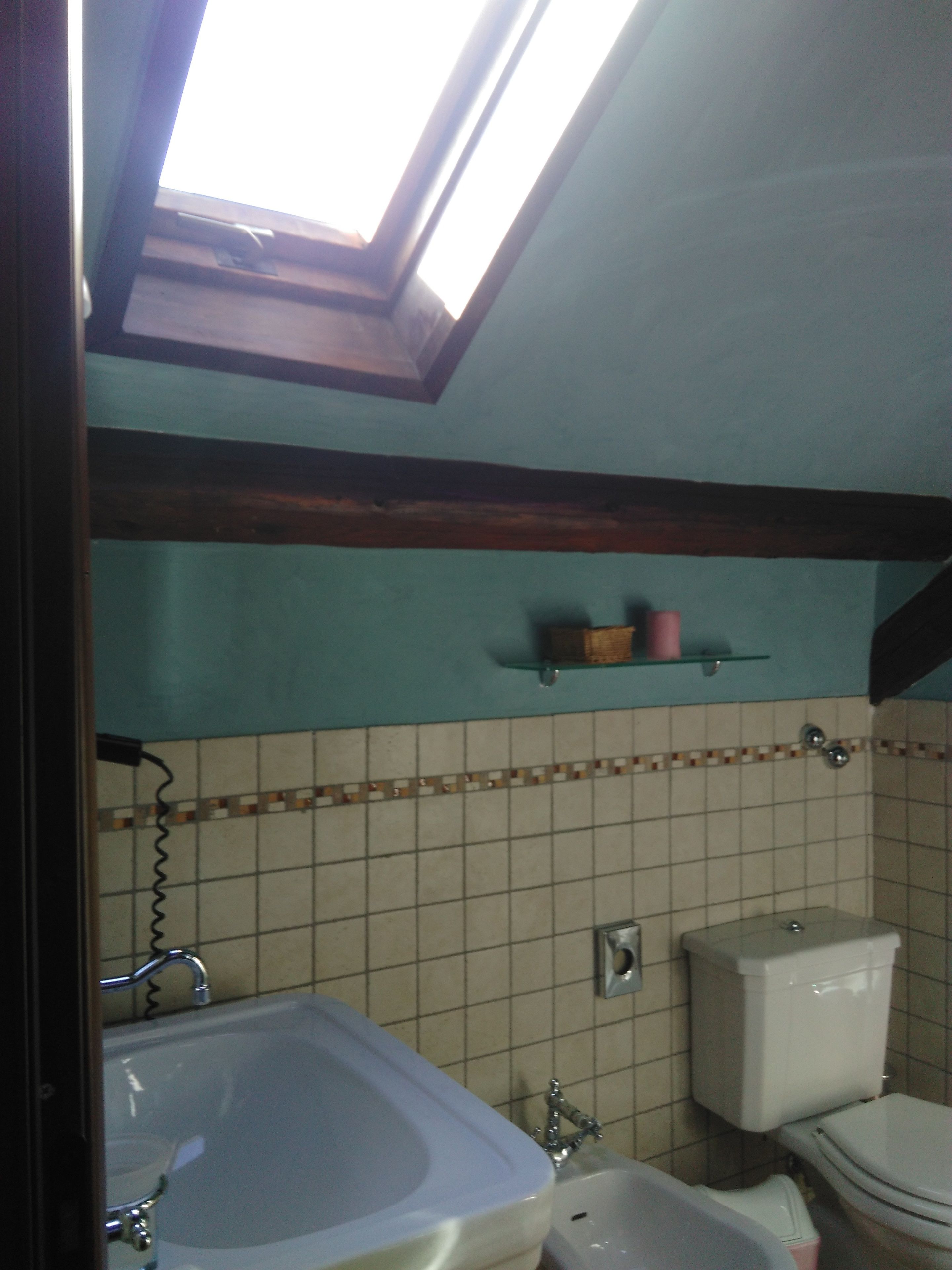 A bathroom with a skylight, a sink, a toilet, and a small shelf with toiletries.