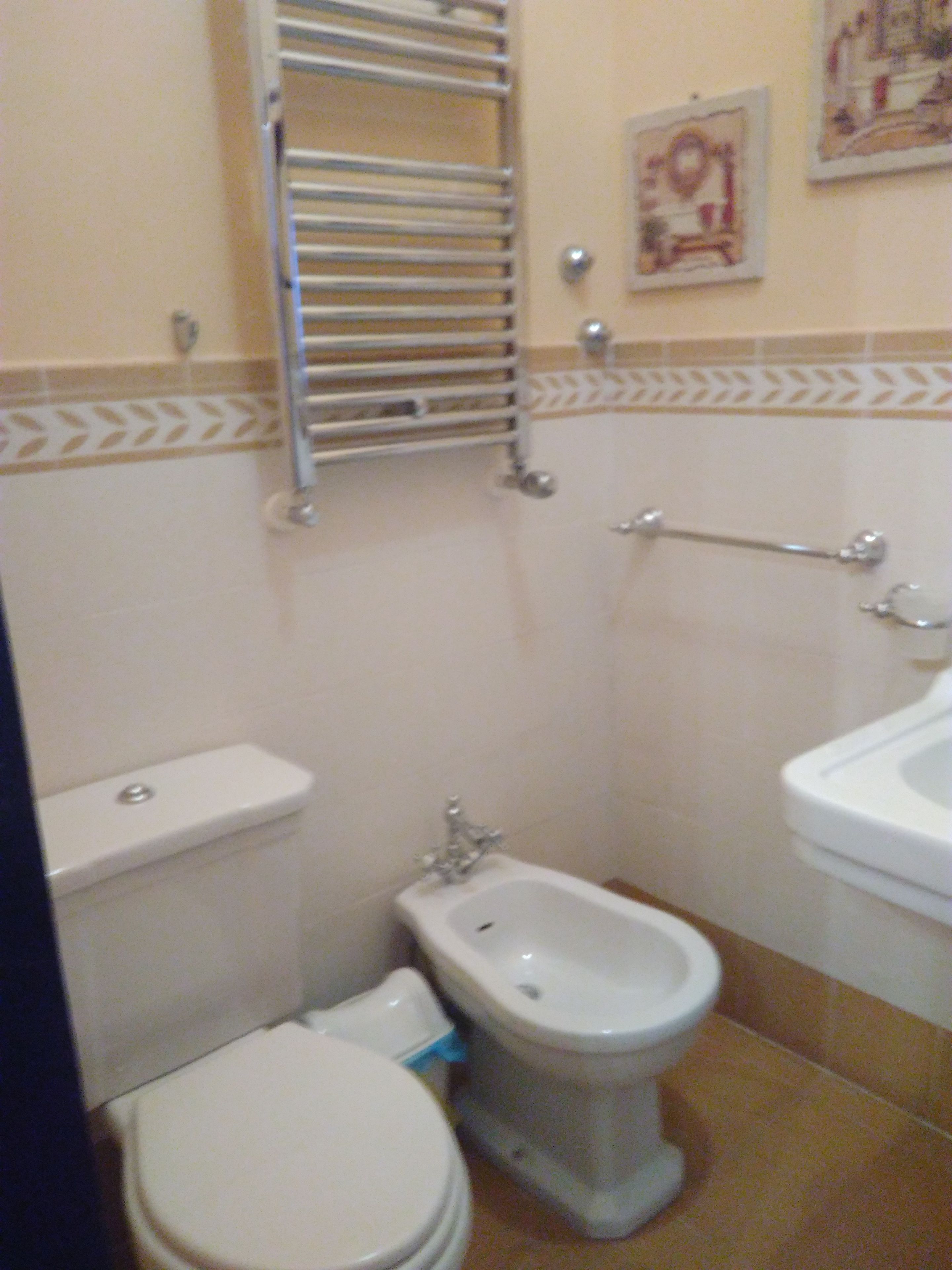 Un baño pequeño con inodoro, bidé y lavabo.